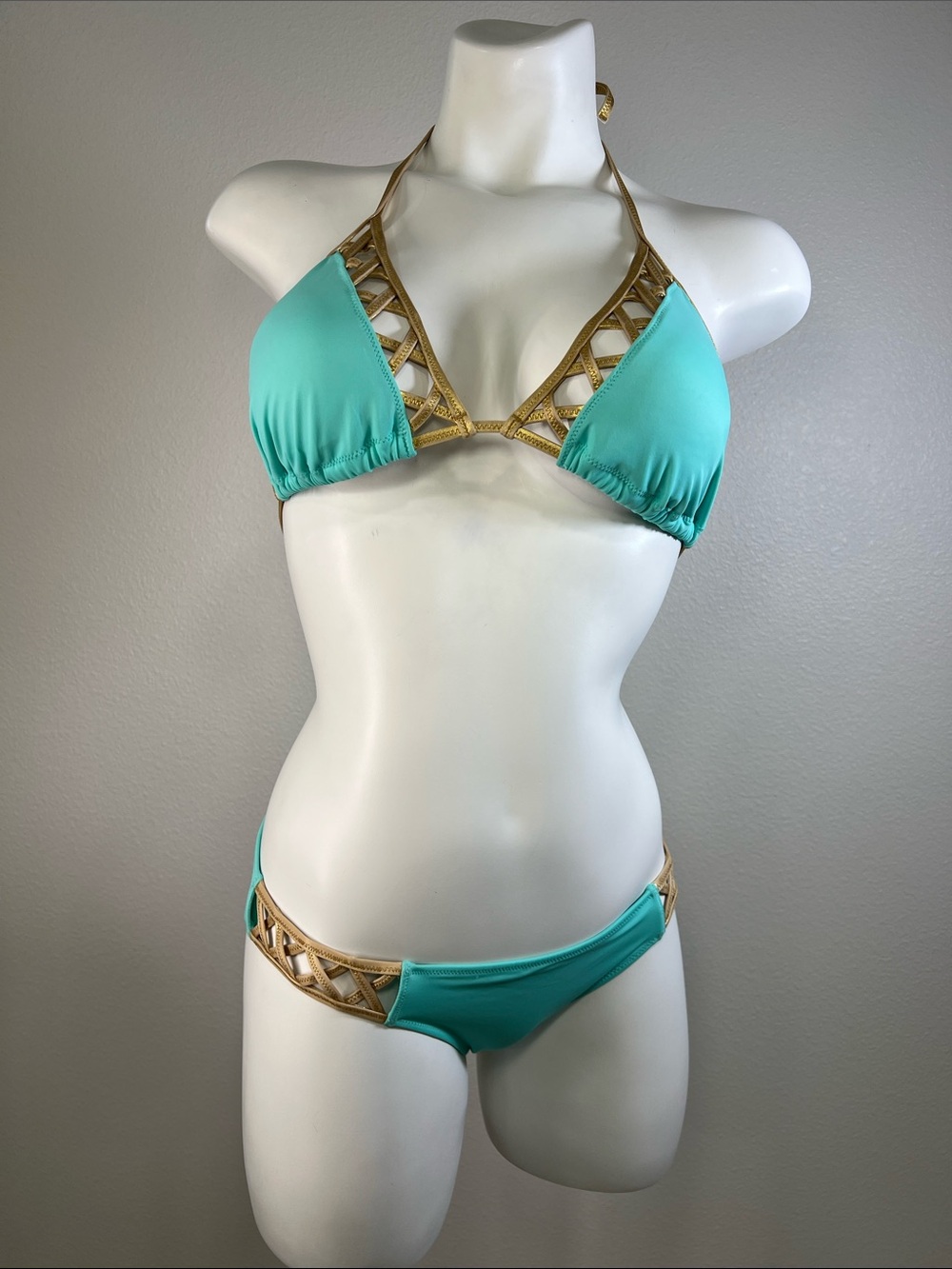 Victoria's Secret Aqua and Gold Lattice Two-Piece Bikini Set MEDIUM